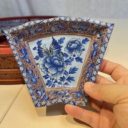 A Chinese enamelled Yixing stoneware nine-piece 'peonies' sweetmeat set on a Southeast Asian lacquer tray, 19th C.