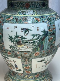 A large Chinese famille verte baluster vase and cover with animals, flowers and antiquities, Chenghua mark, 19th C.