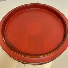 A Chinese enamelled Yixing stoneware nine-piece 'peonies' sweetmeat set on a Southeast Asian lacquer tray, 19th C.