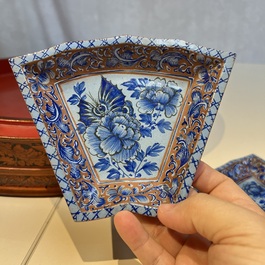 A Chinese enamelled Yixing stoneware nine-piece 'peonies' sweetmeat set on a Southeast Asian lacquer tray, 19th C.