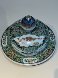 A large Chinese famille verte baluster vase and cover with animals, flowers and antiquities, Chenghua mark, 19th C.