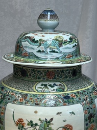 A large Chinese famille verte baluster vase and cover with animals, flowers and antiquities, Chenghua mark, 19th C.