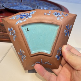 A Chinese enamelled Yixing stoneware nine-piece 'peonies' sweetmeat set on a Southeast Asian lacquer tray, 19th C.