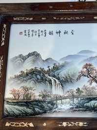 A framed Chinese famille rose 'Mountainous Landscape' plaque, after Wang Yeting 汪野亭, 20th C.