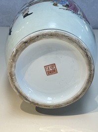 A Chinese famille rose vase with figural design, Qianlong mark, 20th C.
