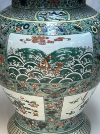 A large Chinese famille verte baluster vase and cover with animals, flowers and antiquities, Chenghua mark, 19th C.