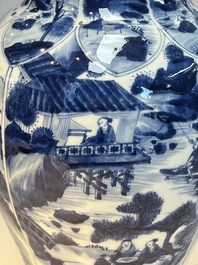 A Chinese blue and white covered vase with figures in landscapes, Kangxi