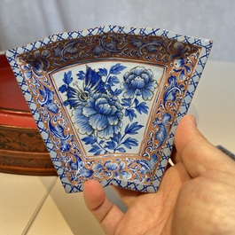 A Chinese enamelled Yixing stoneware nine-piece 'peonies' sweetmeat set on a Southeast Asian lacquer tray, 19th C.