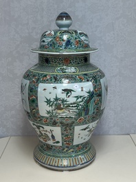 A large Chinese famille verte baluster vase and cover with animals, flowers and antiquities, Chenghua mark, 19th C.
