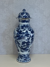 A Chinese blue and white covered vase with figures in landscapes, Kangxi