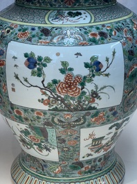A large Chinese famille verte baluster vase and cover with animals, flowers and antiquities, Chenghua mark, 19th C.