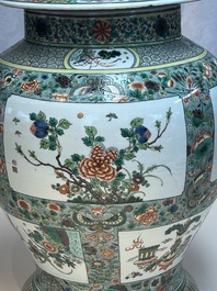 A large Chinese famille verte baluster vase and cover with animals, flowers and antiquities, Chenghua mark, 19th C.