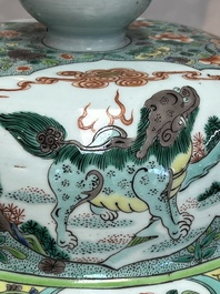A large Chinese famille verte baluster vase and cover with animals, flowers and antiquities, Chenghua mark, 19th C.