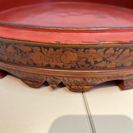 A Chinese enamelled Yixing stoneware nine-piece 'peonies' sweetmeat set on a Southeast Asian lacquer tray, 19th C.