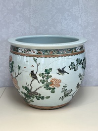 A Chinese famille verte 'Birds among Flowering Branches' fish bowl or jardini&egrave;re, 19th C.