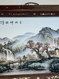 A framed Chinese famille rose 'Mountainous Landscape' plaque, after Wang Yeting 汪野亭, 20th C.