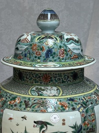 A large Chinese famille verte baluster vase and cover with animals, flowers and antiquities, Chenghua mark, 19th C.