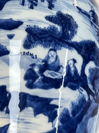 A Chinese blue and white covered vase with figures in landscapes, Kangxi