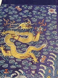 A Chinese blue-ground embroidered silk summer gauze 'Dragon' robe, 'Ji Fu' 吉服, 19th C.