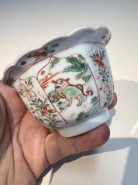 Three sets of Chinese famille verte cups and saucers with birds and flowers, various marks, Kangxi