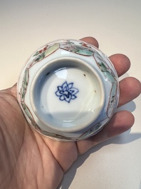 Three sets of Chinese famille verte cups and saucers with birds and flowers, various marks, Kangxi