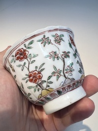 Three sets of Chinese famille verte cups and saucers with birds and flowers, various marks, Kangxi