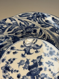 Four Chinese blue and white moulded plates with floral design, Kangxi