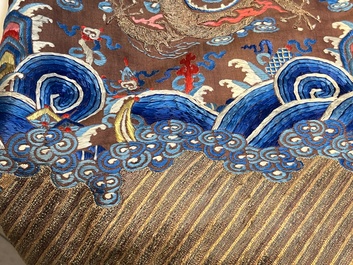 A Chinese brown-ground embroidered silk 'Dragon' robe, 'Ji Fu' 吉服, 19th C.