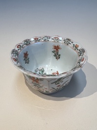 Three sets of Chinese famille verte cups and saucers with birds and flowers, various marks, Kangxi