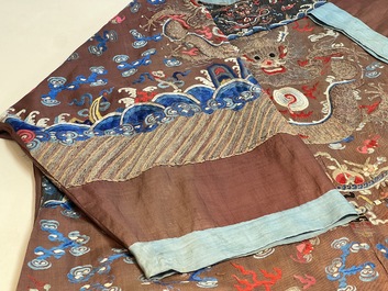 A Chinese brown-ground embroidered silk 'Dragon' robe, 'Ji Fu' 吉服, 19th C.