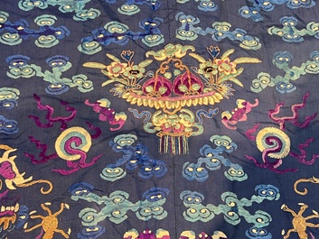 A Chinese blue-ground embroidered silk 'Dragon' robe, 'Ji Fu' 吉服, 19th C.