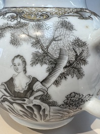 A Chinese export grisaille and gilt-decorated 'European Subject' teapot and cover, Qianlong