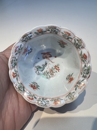 Three sets of Chinese famille verte cups and saucers with birds and flowers, various marks, Kangxi