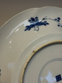 Four Chinese blue and white moulded plates with floral design, Kangxi