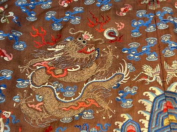 A Chinese brown-ground embroidered silk 'Dragon' robe, 'Ji Fu' 吉服, 19th C.