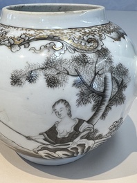 A Chinese export grisaille and gilt-decorated 'European Subject' teapot and cover, Qianlong
