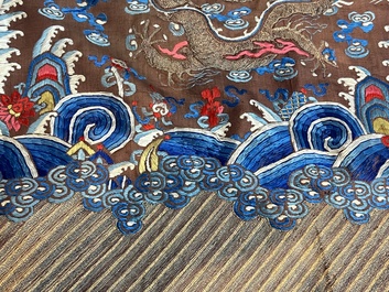A Chinese brown-ground embroidered silk 'Dragon' robe, 'Ji Fu' 吉服, 19th C.