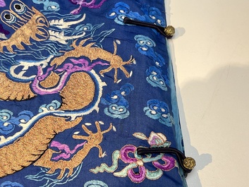 A Chinese blue-ground embroidered silk 'Dragon' robe, 'Ji Fu' 吉服, 19th C.