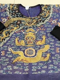 A Chinese blue-ground embroidered silk summer gauze 'Dragon' robe, 'Ji Fu' 吉服, 19th C.