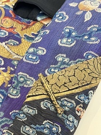 A Chinese blue-ground embroidered silk summer gauze 'Dragon' robe, 'Ji Fu' 吉服, 19th C.