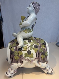 A massive polychrome Brussels faience 'Bacchus on a Barrel' fountain, 18th C.