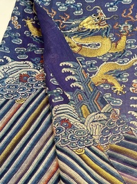 A Chinese blue-ground embroidered silk summer gauze 'Dragon' robe, 'Ji Fu' 吉服, 19th C.