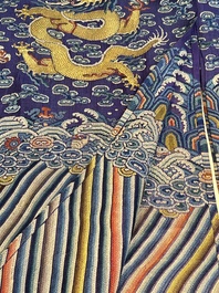 A Chinese blue-ground embroidered silk summer gauze 'Dragon' robe, 'Ji Fu' 吉服, 19th C.