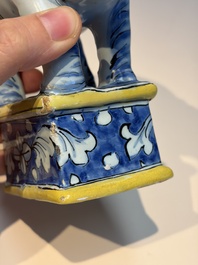 A pair of blue, white and yellow Frankfurt faience models of elephants, ca. 1700