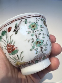 Three sets of Chinese famille verte cups and saucers with birds and flowers, various marks, Kangxi