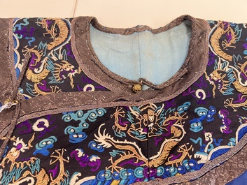 A Chinese blue-ground embroidered silk 'Dragon' robe, 'Ji Fu' 吉服, 19th C.
