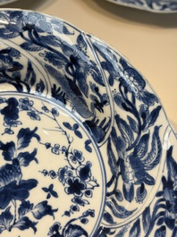 Four Chinese blue and white moulded plates with floral design, Kangxi