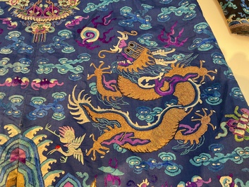 A Chinese blue-ground embroidered silk 'Dragon' robe, 'Ji Fu' 吉服, 19th C.
