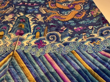 A Chinese blue-ground embroidered silk 'Dragon' robe, 'Ji Fu' 吉服, 19th C.