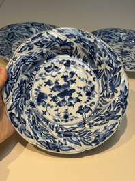 Four Chinese blue and white moulded plates with floral design, Kangxi